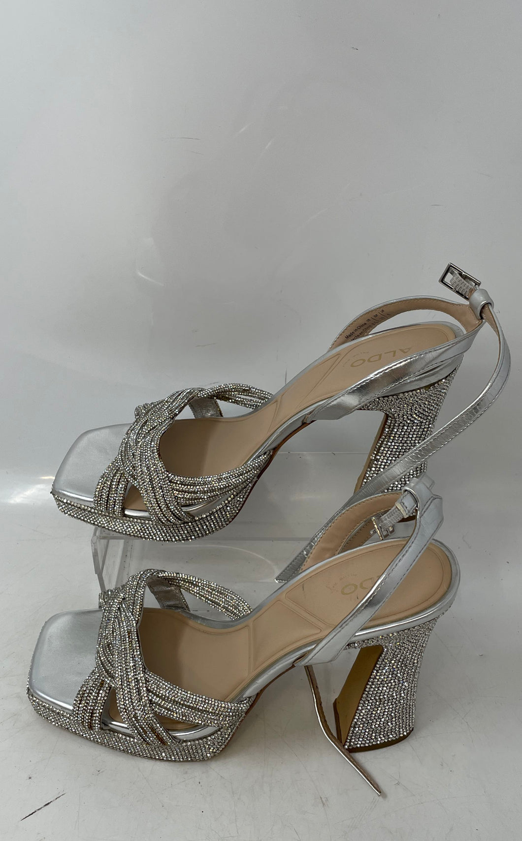 Aldo Womens Glimma Silver Rhinestone Open Toe Block Platform Heels Size 8.5