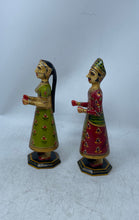 Load image into Gallery viewer, Set Of 2 Pcs Multicolor Wooden Royal Couple Isar &amp; Gauri Gangaur Figurines
