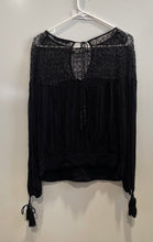 Load image into Gallery viewer, Zara Womens Black Long Sleeve Tie Neck Lace Shoulder Blouse Top Size XS
