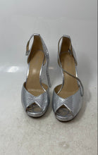 Load image into Gallery viewer, Michael Kors Womens Tiegan Silver Snakeskin Embossed Ankle Strap Heels Size 8.5M
