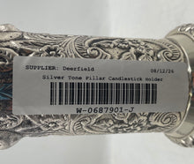 Load image into Gallery viewer, Silver-Tone Pillar Embossed Floral And Figural Design Candlestick Holder
