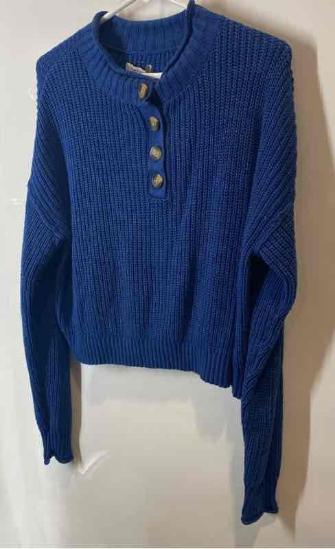 American Eagle Outfitters Womens Blue Knitted Cropped Henley Sweater Size XS