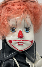 Load image into Gallery viewer, Vintage Collectible Porcelain And Cloth Body Red Hair Bowler Hat Clown Doll
