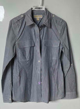 Load image into Gallery viewer, Michael Kors Womens Gray White Striped Print Long Sleeve Button-Up Shirt Size S
