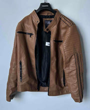 Load image into Gallery viewer, Hard Edge Mens Light Brown Faux Leather Full-Zip Motorcycle Jacket Size Large
