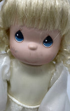 Load image into Gallery viewer, Antique Blonde Curly Hair Blue Eyes Ceramic Play Doll In Maxi Dress With Stand
