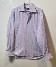 Load image into Gallery viewer, Hugo Boss Mens Blue Pink Striped Cotton Long Sleeve Dress Shirt Size 41/16
