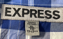 Load image into Gallery viewer, Express Mens Blue White Plaid Long Sleeve Collared Button Front Dress Shirt XL
