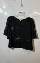 Load image into Gallery viewer, Loft Womens Black Beaded Short Sleeve V-Neck Back Zip Blouse Top Size L
