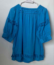 Load image into Gallery viewer, Chico's Womens Blue Short Puff Sleeve Square Neck Pom Pom Lace Blouse Top Size 1
