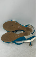 Load image into Gallery viewer, Majora Womens White Blue Leather Buckle Wedge Heel Ankle Strap Heels Size 39
