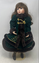 Load image into Gallery viewer, Vintage Franklin Heirloom Porcelain Green Coat Brown Hair Blue Eyes Doll
