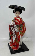 Load image into Gallery viewer, Traditional Japanese Geisha Doll With Red Kimono And White Floral Accents
