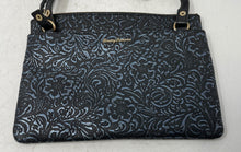 Load image into Gallery viewer, Tommy Bahama Womens Black Dark Blue Floral Engraved Leather Tassel Crossbody Bag

