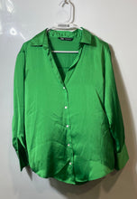 Load image into Gallery viewer, Zara Womens Green Satin Long Sleeve Collared Casual Button-Up Shirt Size XS
