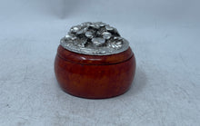 Load image into Gallery viewer, Vintage Brown Wooden Round Trinket Box With A Floral Engraved Metal Lid
