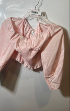 Load image into Gallery viewer, Guess Womens Pink Puff Sleeve Sweetheart Neck Smocked Cropped Blouse Size XS
