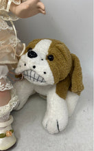 Load image into Gallery viewer, Blonde Hair Blue Eyes Porcelain Doll With Puppy Nipping At Dress Skirt

