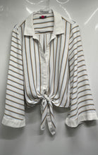 Load image into Gallery viewer, Vince Camuto Womens White Striped Print Bell Sleeve Tie Waist Blouse Top Size L
