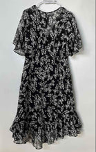 Load image into Gallery viewer, Calvin Klein Womens Black White Floral Flutter Sleeve Wrap Dress Size 14
