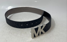 Load image into Gallery viewer, Michael Kors Mens Black Gray Monogram Print Silver Buckle Reversible Belt Size S
