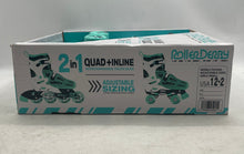 Load image into Gallery viewer, Roller Derby Kids White Green Interchangeable 2-In-1 Quad+Inline Skates Sz 12-2
