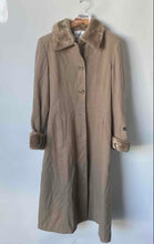 Load image into Gallery viewer, Charles Klein Womens Cream Wool Long Sleeve Collared Fur Trim Overcoat Size 14
