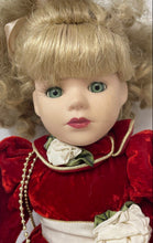 Load image into Gallery viewer, Blonde Curly Hair Green Eyes Decorative Porcelain Doll In Red &amp; White Maxi Dress
