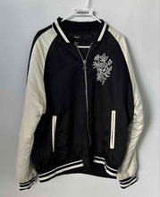 Load image into Gallery viewer, Forever 21 Mens Black White Embroidered Rose Long Sleeve Varsity Jacket Size XL
