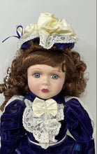 Load image into Gallery viewer, Vintage Collectible Brown Curly Hair Porcelain Doll In Victorian Dress w/ Stand
