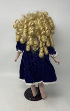 Load image into Gallery viewer, Vintage Collectible Blonde Curly Hair Porcelain Doll In Victorian Dress w/ Stand
