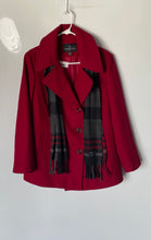 Load image into Gallery viewer, London Fog Womens Red Long Sleeve Button Front Peacoat With Printed Scarf Size L
