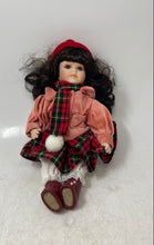 Load image into Gallery viewer, Black Hair Brown Eyes Christmas Style Collectible Porcelain Doll In Dress w/ Hat
