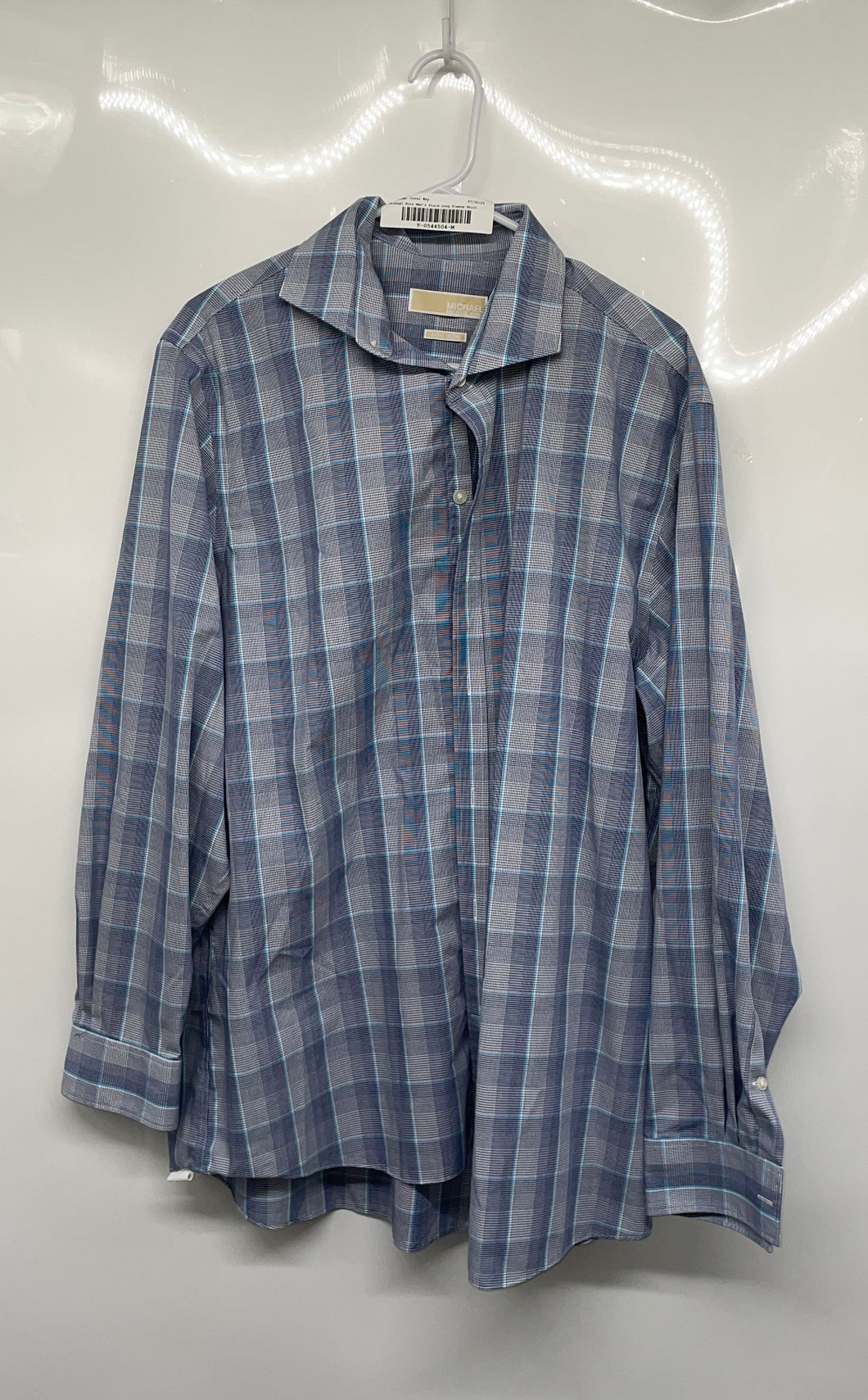 Michael Kors Mens Blue White Plaid Long Sleeve Non-Iron Dress Shirt Size 17