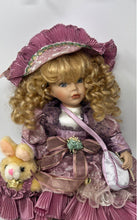 Load image into Gallery viewer, Vintage Blonde Hair Blue Eyes Porcelain Doll With Pink Dress Purse &amp; Stuffed Toy
