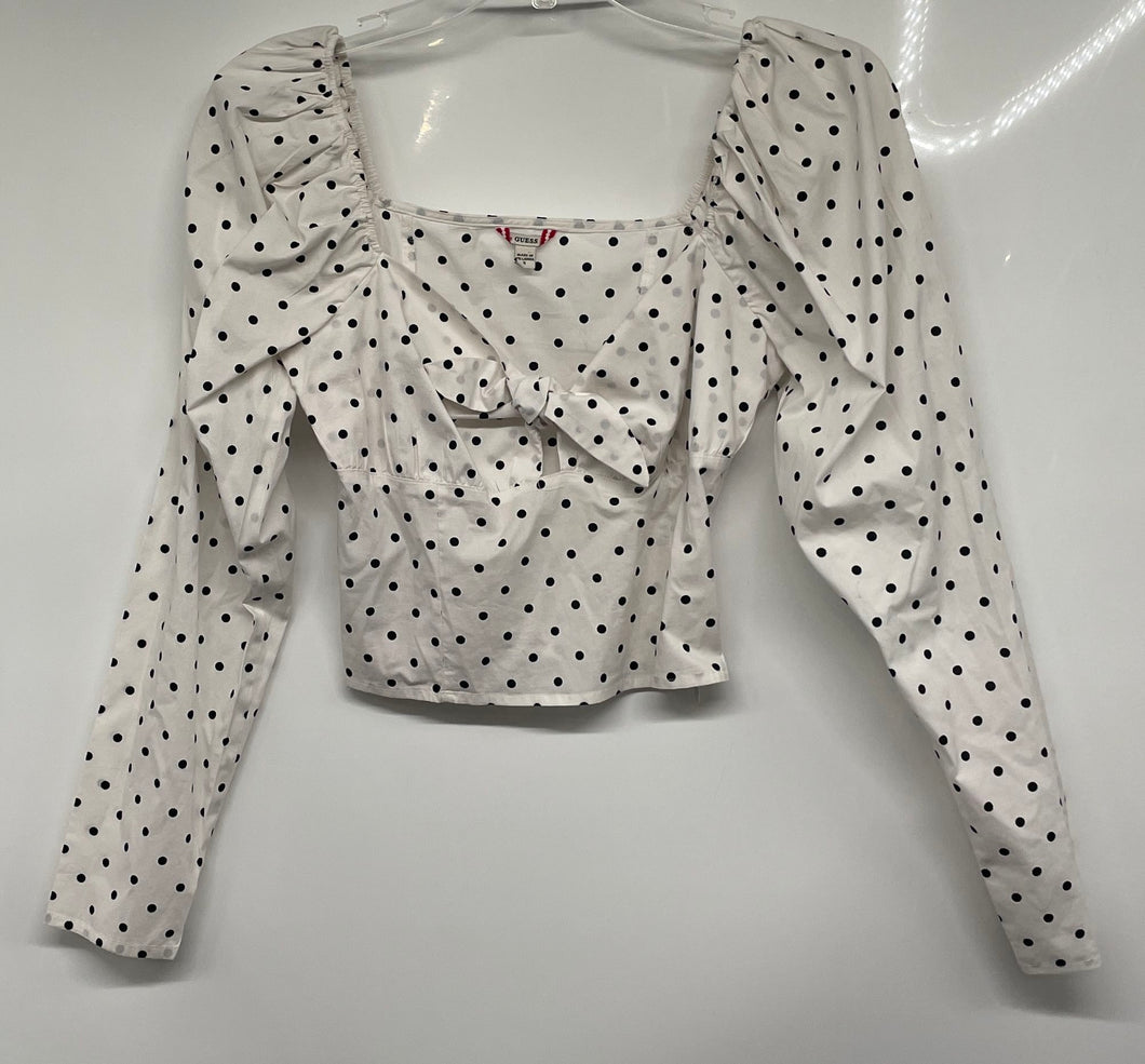 Guess Womens White Black Polka Dot Long Sleeve Cropped Blouse Top Size S