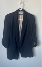 Load image into Gallery viewer, Zara Womens Dark Blue Roll Tab Sleeve Open Front Blazer Jacket Size XS
