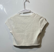 Load image into Gallery viewer, Zara Womens Beige Ribbed Round Neck Short Sleeve Cropped Blouse Top Size L
