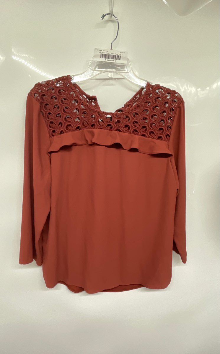 Ann Taylor Womens Brown Eyelet Long Sleeve Round Neck Blouse Top Size Large