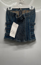 Load image into Gallery viewer, Zara Womens Blue Denim Strapless Smocked Back Full-Zip Blouse Top Size XS w/ Tag
