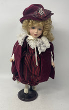 Load image into Gallery viewer, Blonde Curly Hair Vintage Style Porcelain Doll Collectible With Velvet Dress
