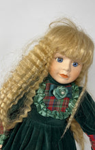 Load image into Gallery viewer, Vintage Collectible Porcelain Blonde Hair Blue Eyes Green Velvet Dress Girl Doll

