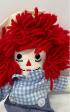 Load image into Gallery viewer, Aurora Red Yarn Hair Handmade Raggedy Andy Cloth Doll With Blue Floral Outfit
