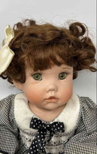 Load image into Gallery viewer, Vintage Brown Curly Hair Green Eyes Ceramic Baby Doll In Removable Outfit
