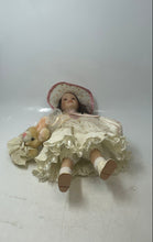 Load image into Gallery viewer, Brown Hair And Eyes Vintage Style Porcelain Doll With Cream Dress Hat &amp; Purse
