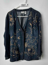 Load image into Gallery viewer, Chico's Womens Blue Floral Embroidered Cotton Denim Long Sleeve Jacket Size 3
