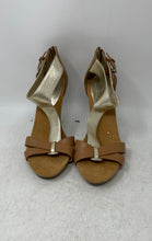 Load image into Gallery viewer, Nine West Womens Nosashay Gold Brown Leather Cone Strappy Heels Size 9.5M
