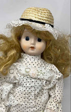 Load image into Gallery viewer, Blonde Hair Black Eye Porcelain Doll Collection With Polka Dot Dress &amp; Hat
