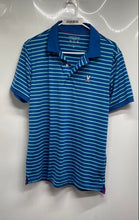 Load image into Gallery viewer, Psycho Bunny Mens Blue Striped Short Sleeve Collared Golf Polo Shirt Size 4
