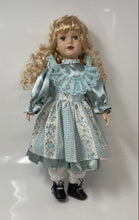 Load image into Gallery viewer, Blonde Curly Hair Green Eyes Vintage Style Rachel Porcelain Doll In Blue Outfit
